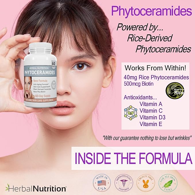 Herbal Nutrition Phytoceramides Rice Based with Biotin Vitamin A C D and E 4 Bottle Pack 40mg