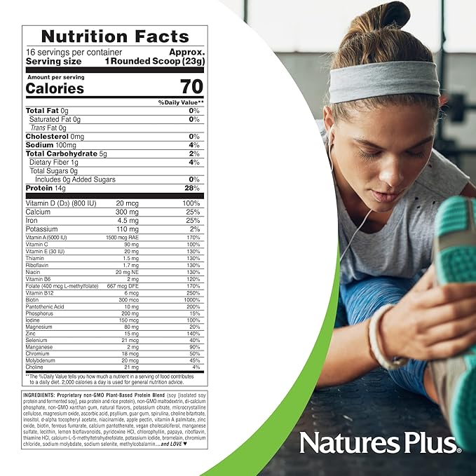 NaturesPlus SPIRU-TEIN Simply Natural Original Vanilla - 0.81 lb - Unsweetened Plant-Based Protein Shake - Non-GMO Vegetarian Gluten Free - 16 Total Servings