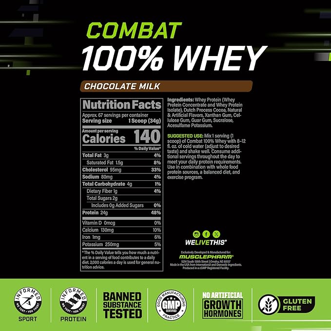 MusclePharm Combat 100% Whey Protein Powder Chocolate Milk Fast Recovery &amp Muscle Gain with Whey Isolate High Protein Powder for Women &amp Men Gluten Free 5lb 67 Servings
