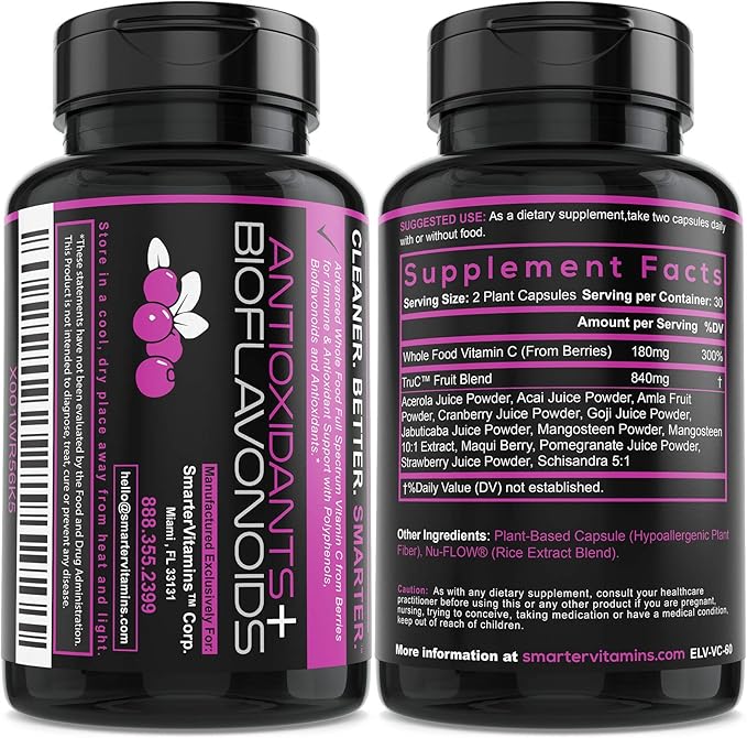Smarter Raw Whole Food Vitamin C from Berries Premium Antioxidants Bioflavonoids &amp Polyphenols 60 Vegan Capsules