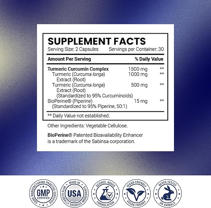 Research Verified Turmeric Curcumin Supplement with Black Pepper (BioPerine) - High Potency Curcumin -Antioxidant Joints &amp Daily Wellness - 60 Vegan Turmeric Capsules - Made in USA - 6 Month Supp