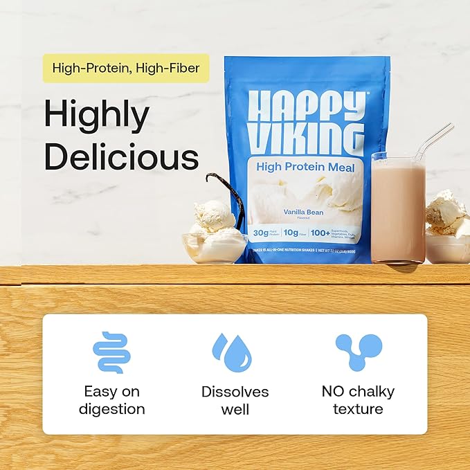 Happy Viking Plant-Based Protein Powder +100 Superfoods Vanilla Meal Replacement Shake Created by Venus Williams 30g Plant Protein 10g Fiber Vegan Gluten-Free Non-GMO 15 Meals