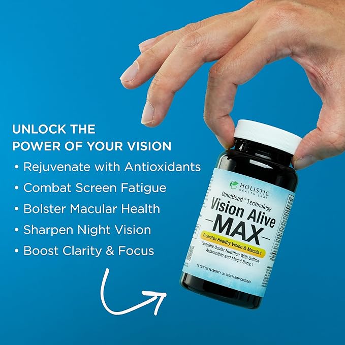 Holistic Health Labs Vision Alive Max with 8 Natural Ingredients Lutemax® 2020 Bilberries Blueberries c3g from Black Currant Maqui Berry Saffron and Astaxanthin (30 Count (Pack of 1))
