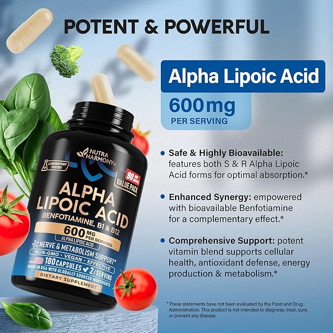 Alpha Lipoic Acid 600mg - ALA Supplement Antioxidant for Nerve Energy &amp Metabolism Support - Extra Strength with Benfotiamine B1 &amp B12 - Lab Tested NON-GMO &amp Vegan - 180 Capsules 3 Mon