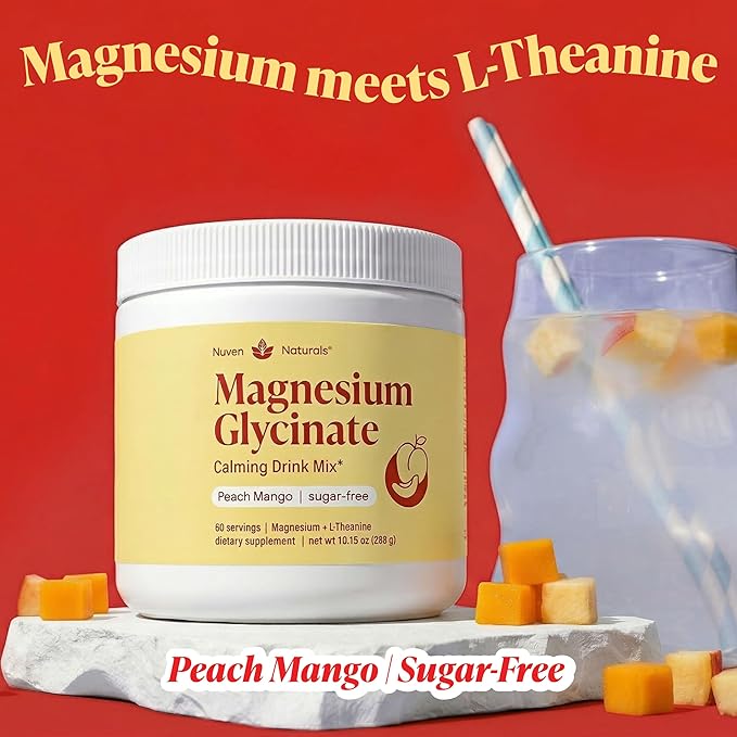 Magnesium Glycinate Powder + L-Theanine | 60 Servings | 300 mg per Scoop High Absorption Chelated Magnesium Powder for Sleep - Peach Mango Flavor No Sugar Support Restful Sleep &amp Relaxation