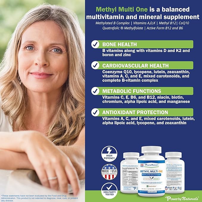 Power By Naturals Methyl Multi One – Iron-Free Methylated Multivitamin for Men &amp Women with B12 Methylcobalamin P5P Folate (5-MTHF) CoQ10 &amp Zinc for Energy &amp MTHFR Support 60 Capsules