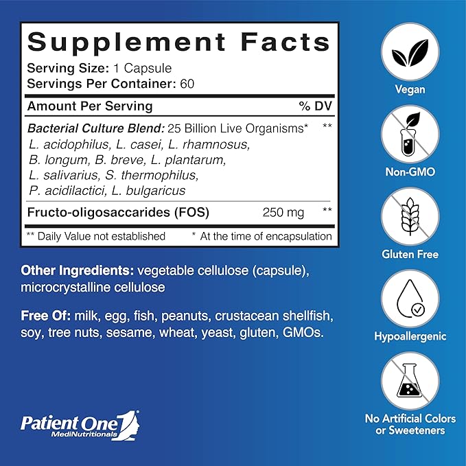 Patient One Flora Maintenance | Probiotic Supplement to Aid Balanced Intestinal Flora* | 25 Billion CFU 10 Probiotic Strains Prebiotic | 60 Capsules