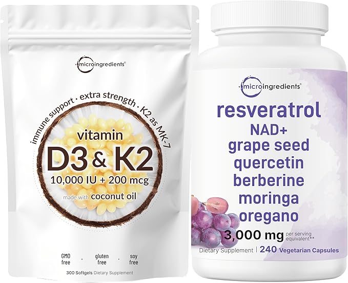 Micro Ingredients Vitamin D3 10000iu + K2 200mcg Softgels &amp Resveratrol NAD Supplements 3000mg Veggie Capsules | 2 Pack | D &amp K Sunshine Vitamins | Antioxidant Blend with Quercetin &amp Ber