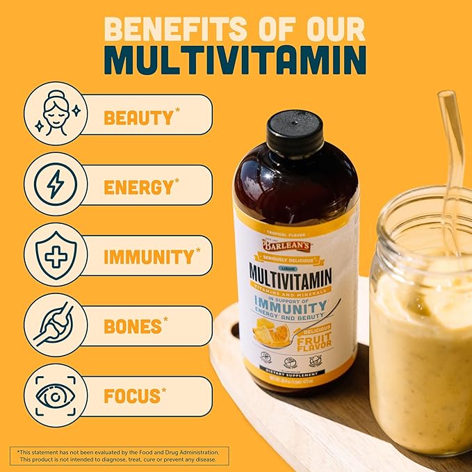 Barlean's Liquid Multivitamin for Women Men &amp Kids 21 Essential Vitamins &amp Minerals Includes Biotin B-Complex Vitamins C D3 &amp K2 Smoothie-Like Daily Supplement Tropical Flavor 32