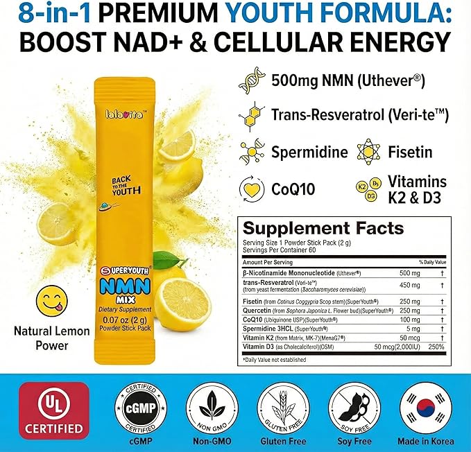 SuperYouth NMN Mix Powder Supplement 8-in-1 60 Stick Packs 2g per Pack Longevity Formula with Resveratrol Fisetin CoQ10 Quercetin Spermidine Natural Lemon Flavor 4.23 oz Total