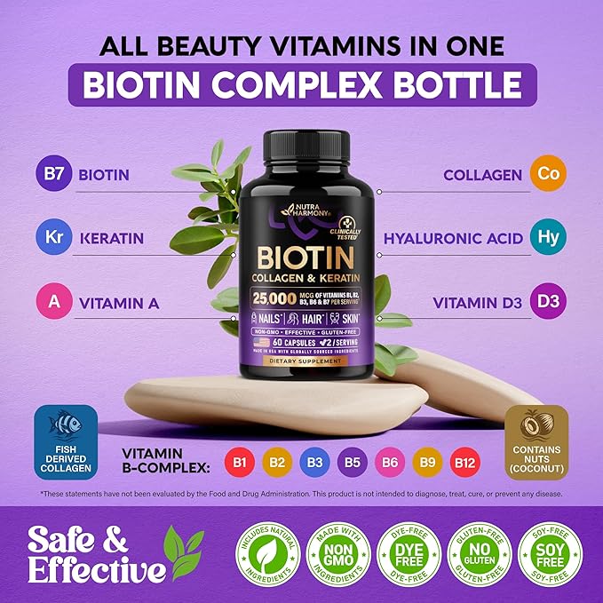 NUTRAHARMONY Biotin | Collagen | Hyaluronic Acid | Keratin - Support Normal Hair Growth Cycle - Skin &amp Nails - 25000mcg Vitamins B1 B2 B3 B6 &amp B7 - for Women &amp Men - Made in USA | 60 Ca