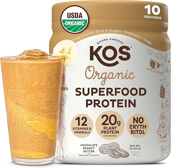 KOS Vegan Protein Powder Chocolate Peanut Butter - Low Carb Pea Protein Blend USDA Organic Superfood with Vitamins &amp Minerals - Keto Soy Dairy Free - Meal Replacement for Women &amp Men - 10