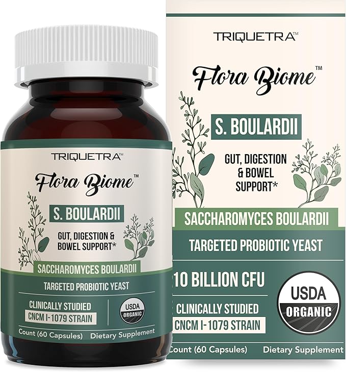Organic Saccharomyces Boulardii - 10 Billion CFU - Clinically Validated CNCM I-1079 Probiotic Strain - Gut Digestion &amp Healthy Bowel Support - First Organic Form of S. Boulardii Probiotic - 60 Co