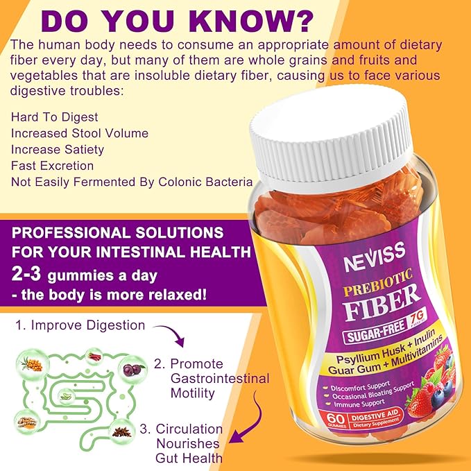 NEVISS Psyllium Husk Prebiotic Fiber Gummies - 7G Fiber with 2000mg Prebiotic Fiber Blend &amp Multivitamins - Inulin Fos Guar Gum &amp Multi Digestive Enzymes Vitamin Gummies Chewable