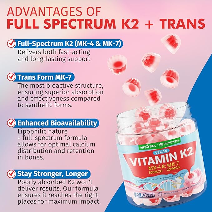 Vitamin K2 Gummies MK-7 200 mcg &amp MK-4 500 mcg for Women &amp Men Sugar Free Perfect 2-IN-1 Full Spectrum Vitamin K2 Supplement for Bone Promotes Calcium Absorption Brain Teeth Immune Pack