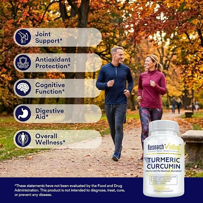 Research Verified Turmeric Curcumin Supplement with Black Pepper (BioPerine) - High Potency Curcumin - Antioxidant Joints &amp Daily Wellness - 60 Vegan Turmeric Capsules - Made in USA - 3 Month Sup