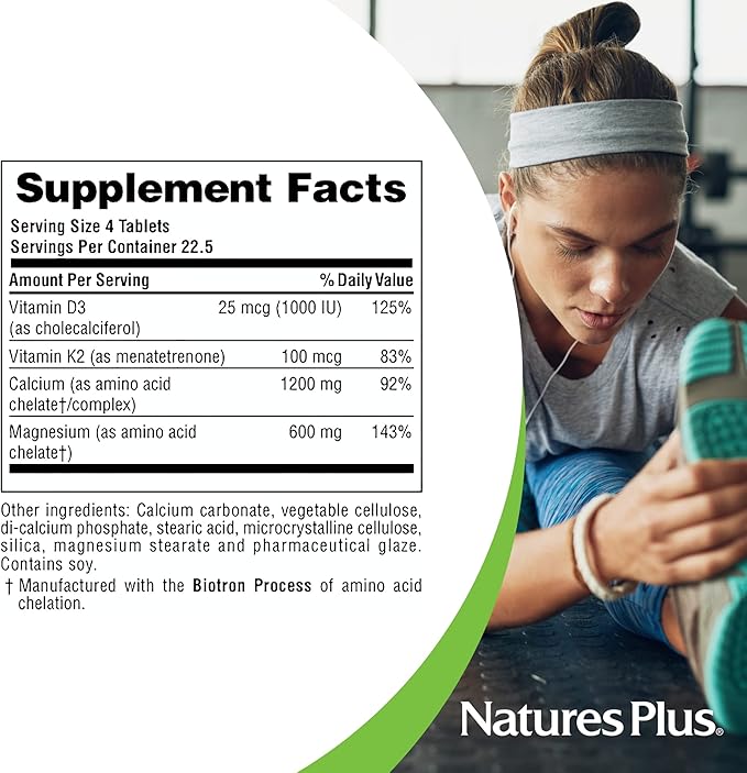 NaturesPlus Calcium/Magnesium/Vitamin D3 with Vitamin K2 - Supports Bone &amp Immune Health - Vegetarian Gluten Free - 90 Tablets - 22.5 Servings