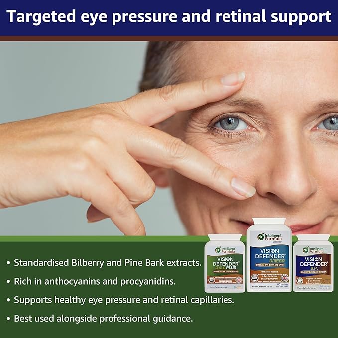 Vision Defender Plus &amp BP &amp Omega Supreme Eye Care Bundle – Eye Supplements with AREDS2 (inc. Lutein Zinc) Meso-Zeaxanthin Bilberry Pine Bark Omega-3 Fish Oil (EPA DHA). Made in UK