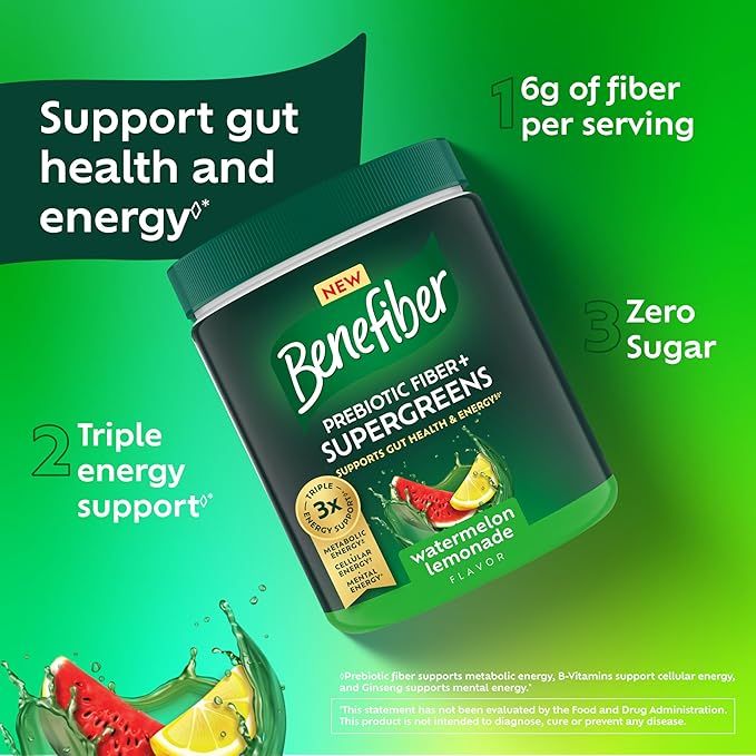 Benefiber Prebiotic Fiber + Supergreens Dietary Supplement Powder Watermelon Lemonade Flavor 8.8 oz (250g)