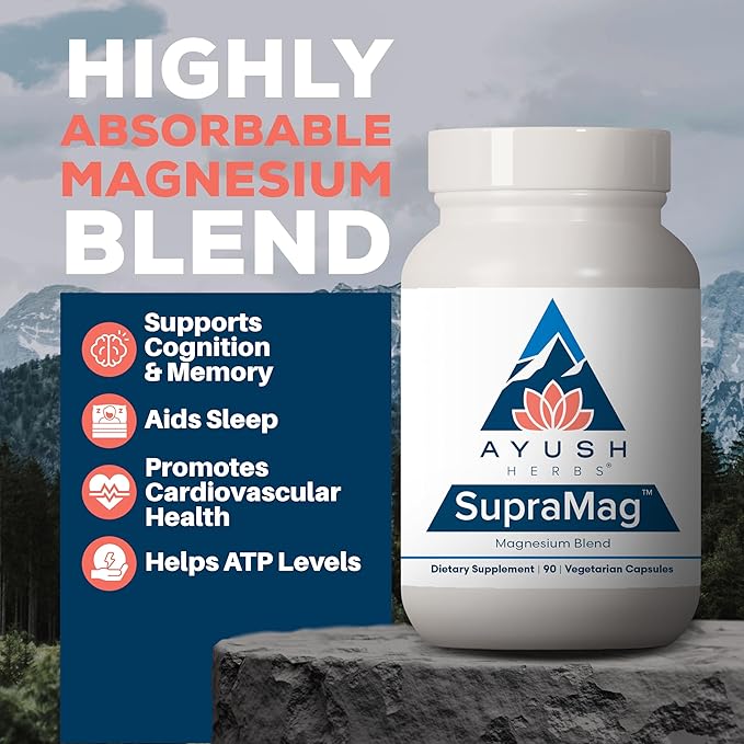 Ayush Herbs SupraMag - 400mg Magnesium Complex Supplement with Chelated Magnesium Bisglycinate Citrate Ororate for Sleep Energy &amp Brain Health - 90 Vegetarian Capsules (1 Count)