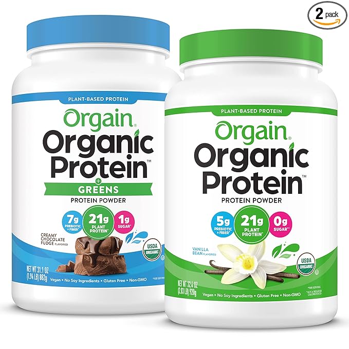 Orgain Organic Vegan Protein Powder + Greens Creamy Chocolate Fudge (1.94lb) and Organic Vegan Protein Powder Peanut Butter (2.03lb) Bundle