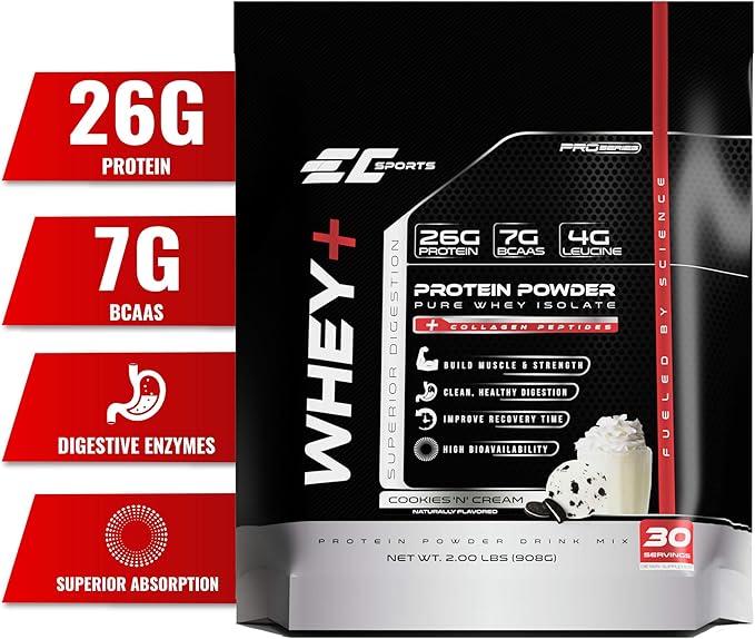 EC Sports Whey+ Protein Powder Cookies n Cream Drink Mix w/Digestive Enzymes - Isolate Supplement Collagen Peptides w/Faster Reform - 30 Servings