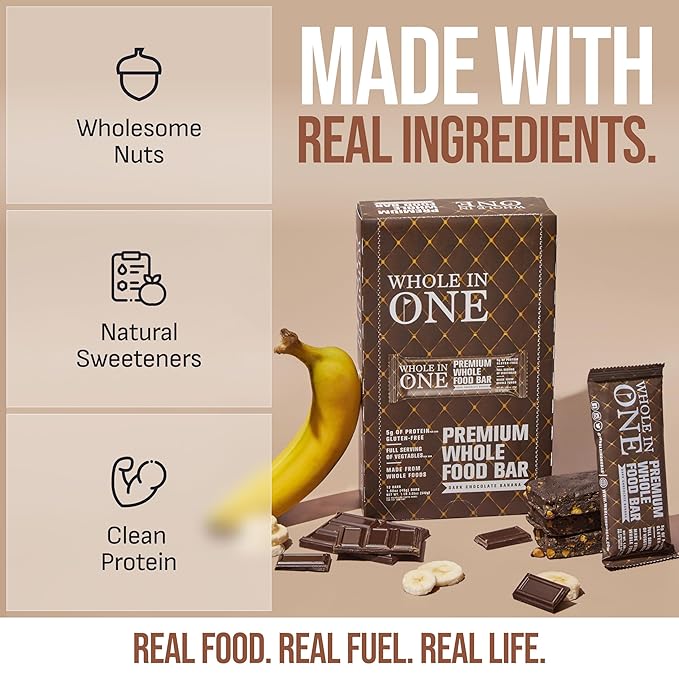 BrickHouse Nutrition Whole In One Bars: Healthy Snacks for Adults | Non-GMO Gluten Free Snack Bars | Real Fruits &amp Vegetables - Dark Chocolate Banana (12 Bars)