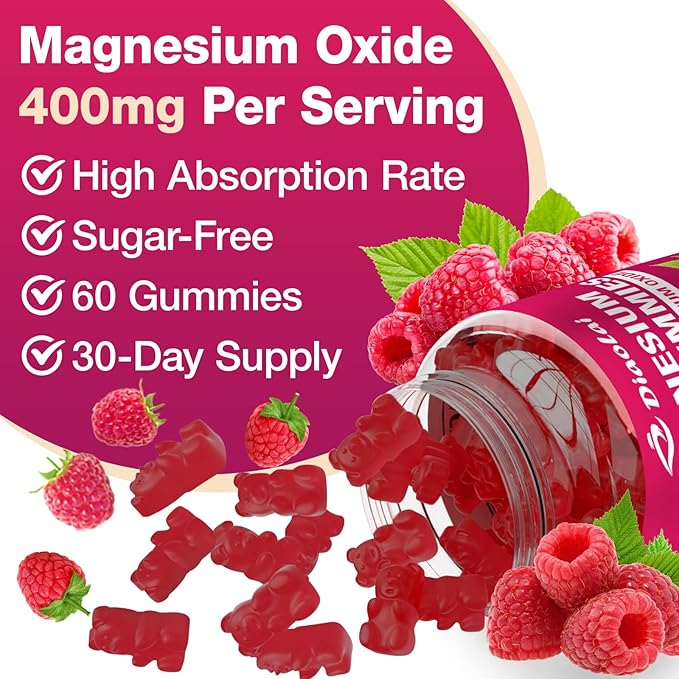 Magnesium Oxide Gummies 400mg for Nerve &amp Muscle Support - Chewable Supplement for Adults &amp Kids Sugar-Free Non-GMO Raspberry Flavor 120 Count