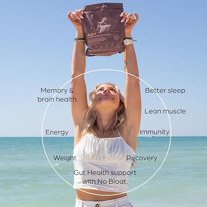 Flip My Life Flip 7 Natural SuperFood Plant-Based Protein Complete Meal Replacement to Support Healthy Gut 7 Mega Nutrient Rich Blends all in one to AGE BETTER - Chocolate