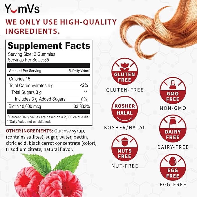 YUM-V'S Biotin Gummies 10000mcg – Biotin for Hair Growth Women – Great-Tasting Gummies – Hair Skin &amp Nails Vitamins – Non-GMO Vegan Biotina Supplement for Women – 70 Count (Pack of 2)