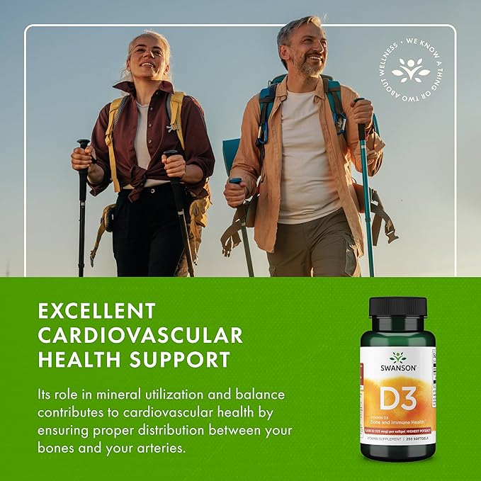 Swanson Vitamin D3 5000 IU Bone Immune and Heart Health Supplement for Sun-Deprived Adults Seeking Bone Immune and Heart Support - 125 mcg Cholecalciferol (250 Softgels 3 Pack)
