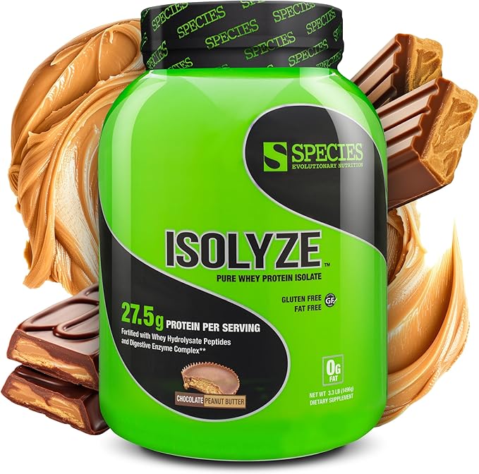 Species Nutrition Isolyze Whey Protein Powder 100% Whey Isolate for Muscle Building 27.5g Protein Per Scoop No Sugar &amp Low Fat (Chocolate Peanut Butter 44 Servings)