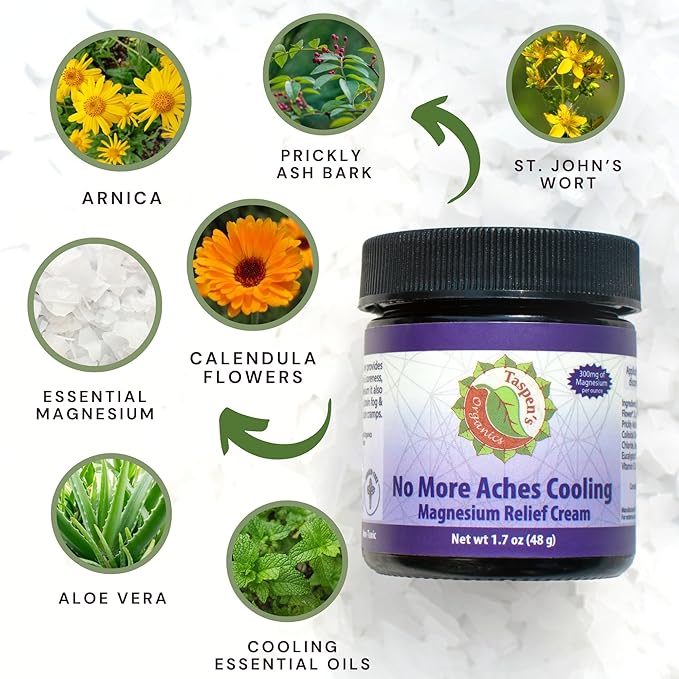Taspen’s Organics Magnesium No More Aches Cooling Cream – Topical Magnesium Cream for Muscle Relief Sore Muscles &amp Post-Workout Recovery with Arnica Herbs &amp Essential Oils