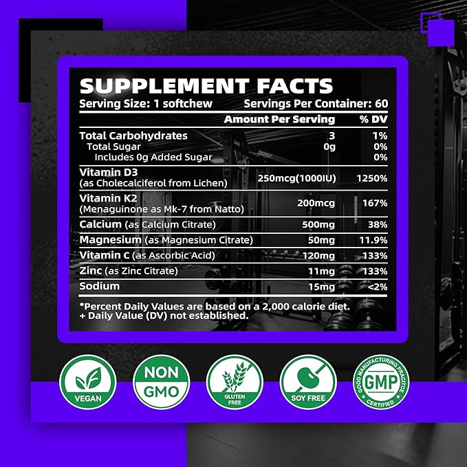 Nutravita Sugar-Free Vitamin D3 K2 Chews with Calcium + K2 (MK-7) Magnesium Citrate Vitamin C Extra Strength - Ultimate Absorption for Bone Muscle Teeth Immune Vegan - 60 Count-Blueberry Flavor