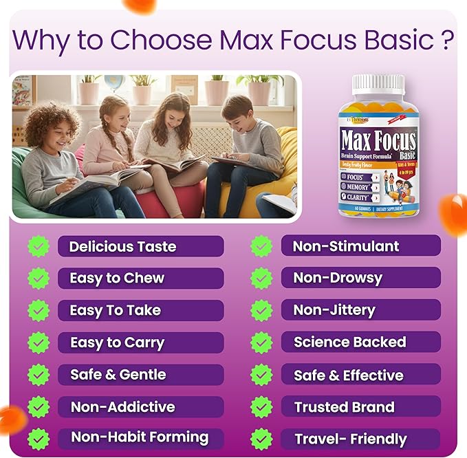 Max Focus Gummies for Kids &amp Teens with Omega 3 DHA – Brain Focus Supplement for Kids Memory Attention Concentration &amp Clarity Support – Delicious Orange Flavor – 60 Gummies