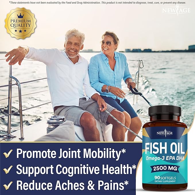 NEW AGE Omega 3 Fish Oil 2500mg Supplement Non GMO - EPA DHA Fatty Acids Gluten Free (180 Softgels (Pack of 2))
