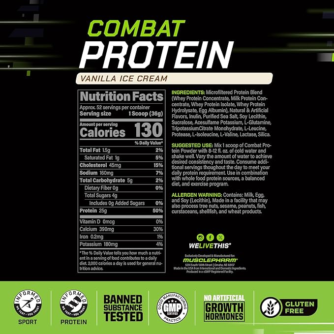 MusclePharm Combat Protein Powder Vanilla Flavor &amp Creatine Monohydrate Powder for Pre Workout Muscle Builder &amp Post Workout Muscle Recovery