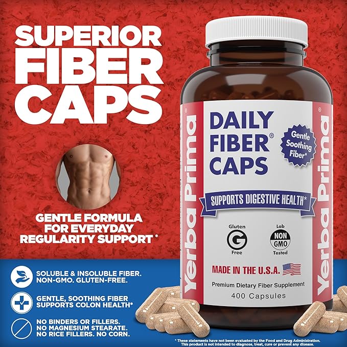 Yerba Prima Daily Fiber Caps Formula 400 Capsules (Pack of 2) - Both Soluble/Insoluble Fiber with Psyllium Seed Husks Acacia Gum Apple Fiber Supplement