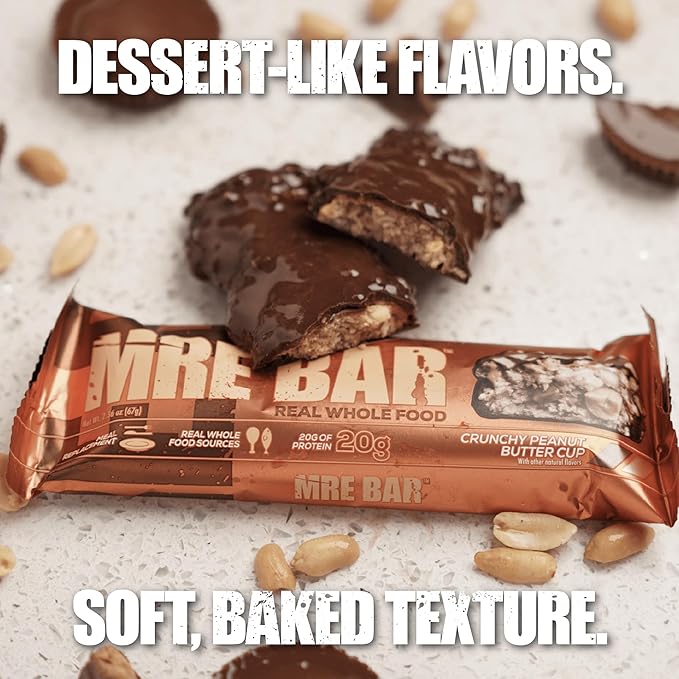 REDCON1 MRE Protein Bar Crunchy Peanut Butter Cup - Contains MCT Oil + 20g of Whole Food Protein - Easily Digestible Macro Balanced Low Sugar Meal Replacement Bar (12 Bars)