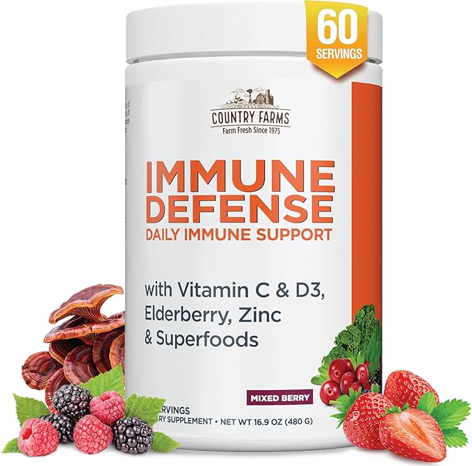 Country Farms Immune Defense Superfoods Immune Support Supplement Vitamin C with Black Elderberry Echinacea Turmeric Supports Hydration with Probiotics and Prebiotics Berry Flavor 60 Servings