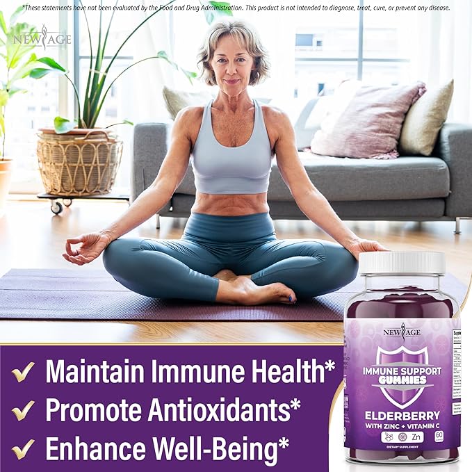 NEW AGE Immune System Support Gummies - Sambucus Black Elderberry Gummies with Vitamin C and Zinc (60 Count (Pack of 1))