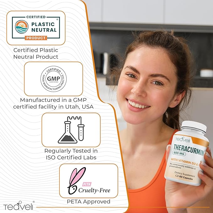 Theracurmin Turmeric Curcumin Supplement- Advanced Joint Bones and Muscle Support with Vitamin D3 and K2 (MK-7)– 600mg Theracurmin- No Stearates Clean Label- 60 Capsules