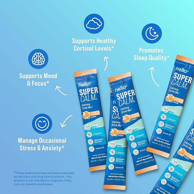 Nello Supercalm Powdered Drink Mix Cortisol Reducer* and Sleep Aid Supplement L Theanine Ksm-66 Ashwagandha Magnesium Glycinate Vitamin D 3 No Sugar Non GMO On The Go 20 Ct Orange Creamsicle