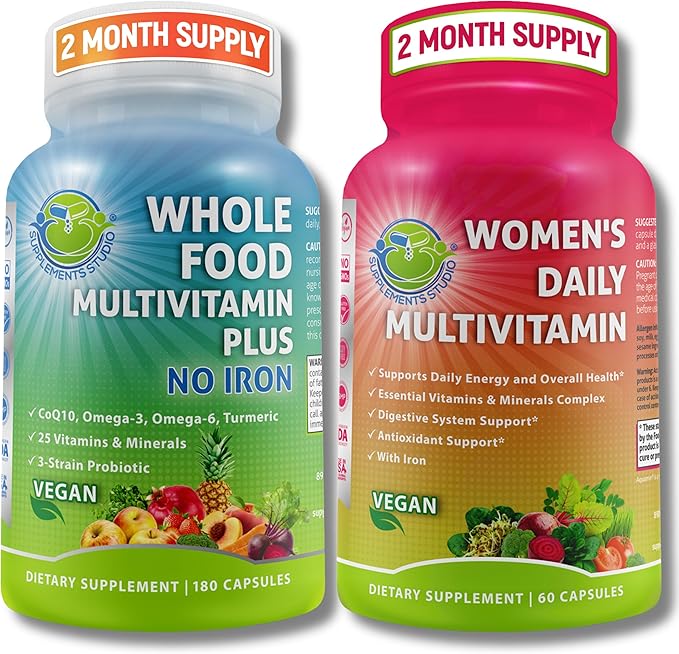 SUPPLEMENTS STUDIO Comprehensive Women's Multi-System Support Duo – Whole Food Multivitamin Without Iron + Women’s Daily Multivitamin with Iron – Vegan Non-GMO Clean Daily Wellness Support