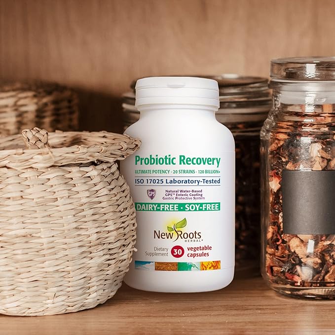 NEW ROOTS HERBAL Probiotics Recovery 20 Strains 120 Billion CFU – Dairy Free Soy Free - GPS™ enteric Coated for 100% delivery to The Intestines | Refrigerated (30 caps)
