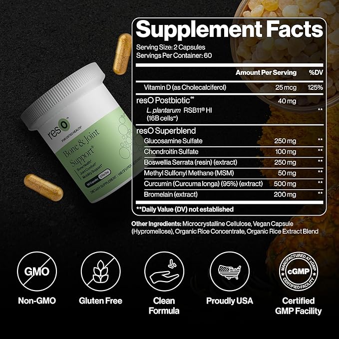 resO Bone &amp Joint Postbiotic for Women &amp Men - Natural Glucosamine &amp Chondroitin Supplement Joint Health Support Formula with Boswellia MSM &amp Vitamin D3 Gluten Free Non GMO - 60
