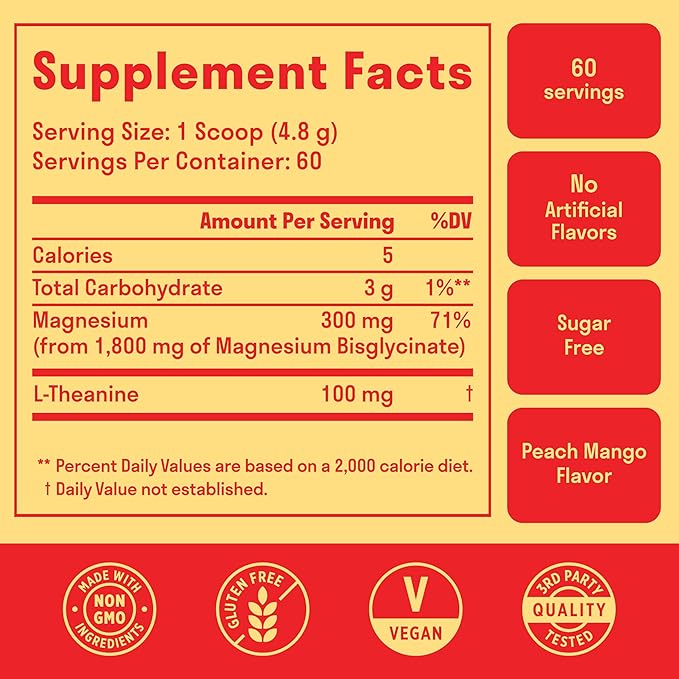 Magnesium Glycinate Powder + L-Theanine | 60 Servings | 300 mg per Scoop High Absorption Chelated Magnesium Powder for Sleep - Peach Mango Flavor No Sugar Support Restful Sleep &amp Relaxation