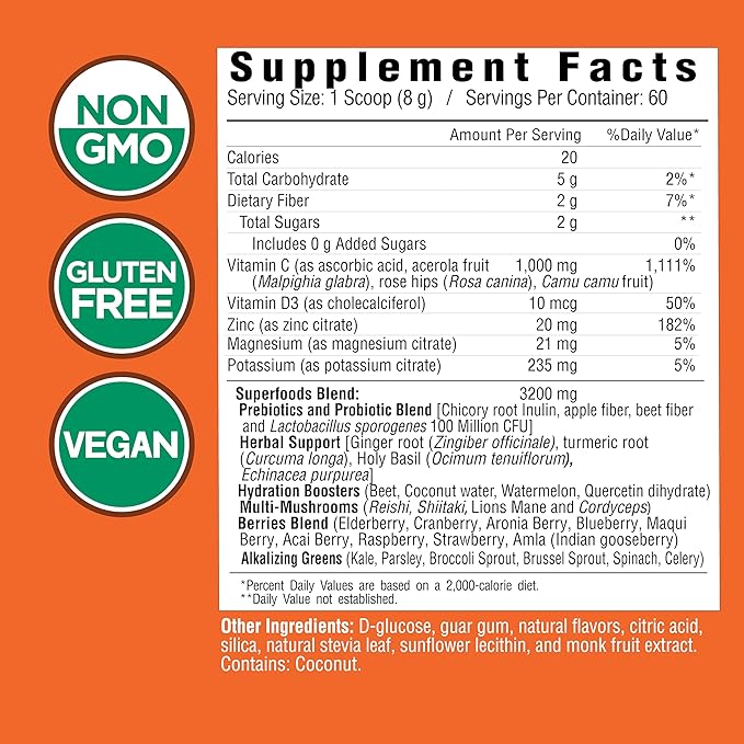 Country Farms Immune Defense Superfoods Immune Support Supplement Vitamin C with Black Elderberry Echinacea Turmeric Supports Hydration with Probiotics and Prebiotics Berry Flavor 60 Servings