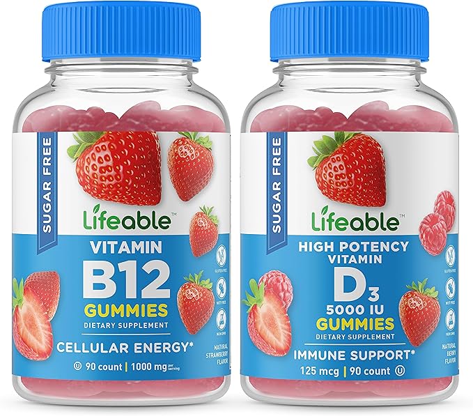 Lifeable Sugar Free Vitamin B12 + Vitamin D 5000 IU Gummies Bundle - Great Tasting Vitamin Supplement Gluten Free GMO Free Chewable Gummy