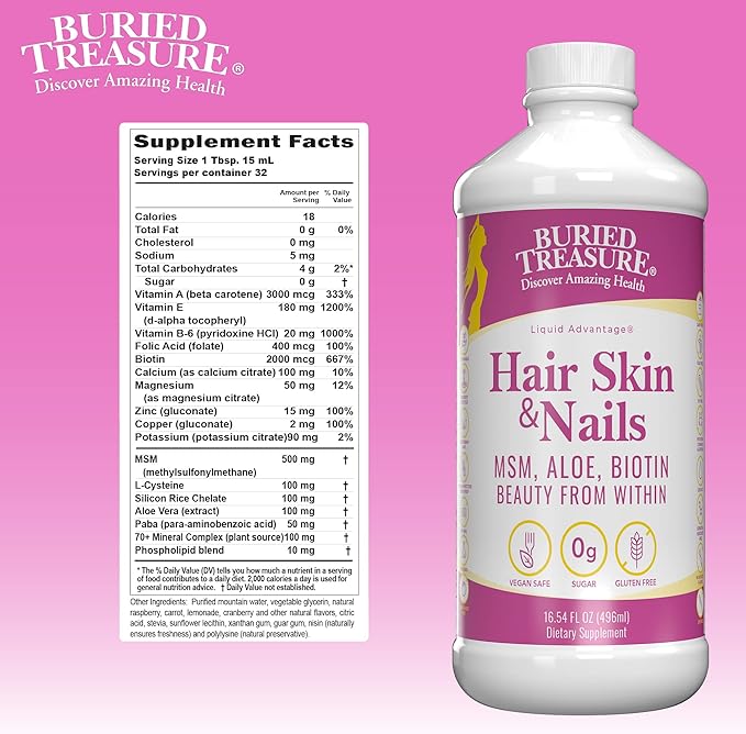Buried Treasure Hair Skin and Nails with MSM Biotin Aloe Vera plus Vitamins and Minerals in a High Potency Liquid Whole Food Complex for Fuller Hair Stronger Nails and Clearer Skin 16 oz